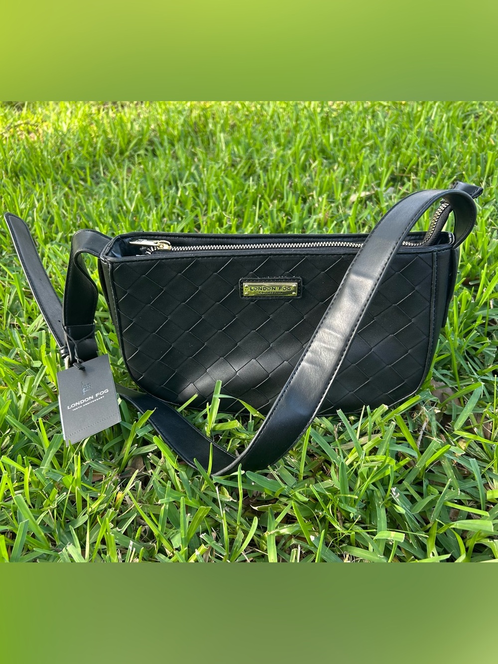 London Fog Black Woven Leather Belt Bag